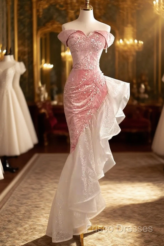 Sexy High Low Off The Shoulder Pink Velvet Formal Prom Dress Main image
