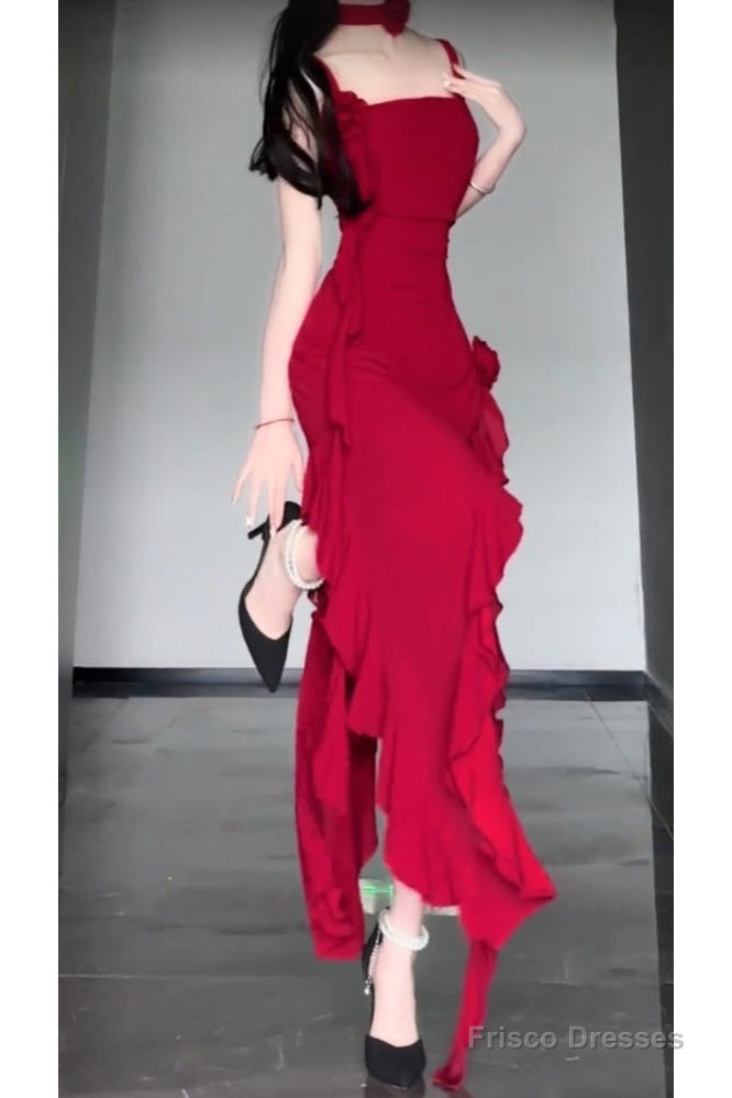 Sexy High Low Spaghetti Straps Christmas Dress Red Prom Dresses Birthday Outfits
