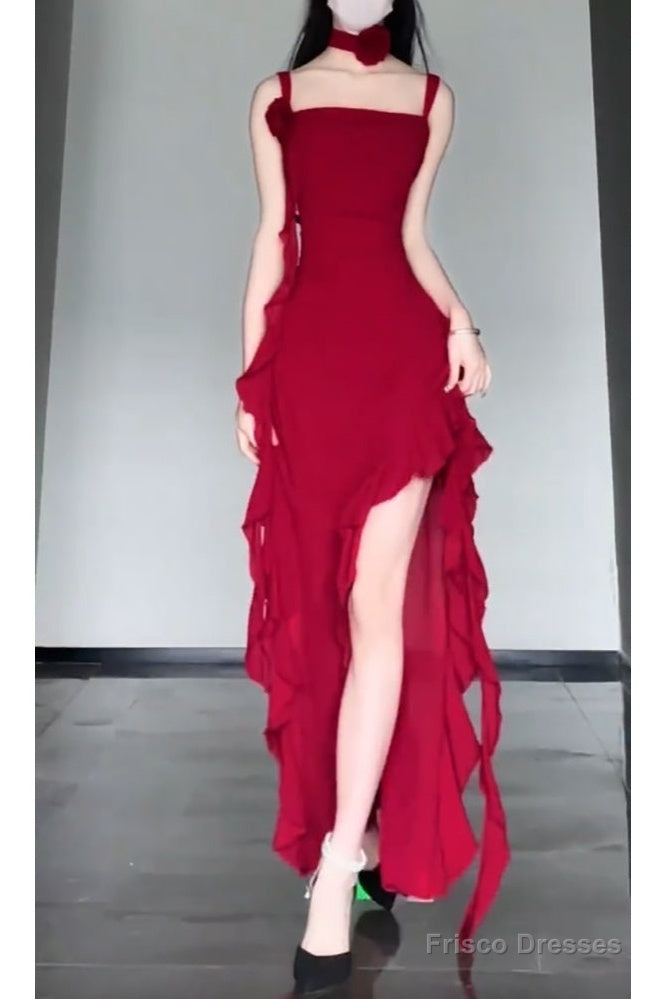 Sexy High Low Spaghetti Straps Christmas Dress Red Prom Dresses Birthday Outfits