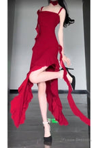 Sexy High Low Spaghetti Straps Christmas Dress Red Prom Dresses Birthday Outfits