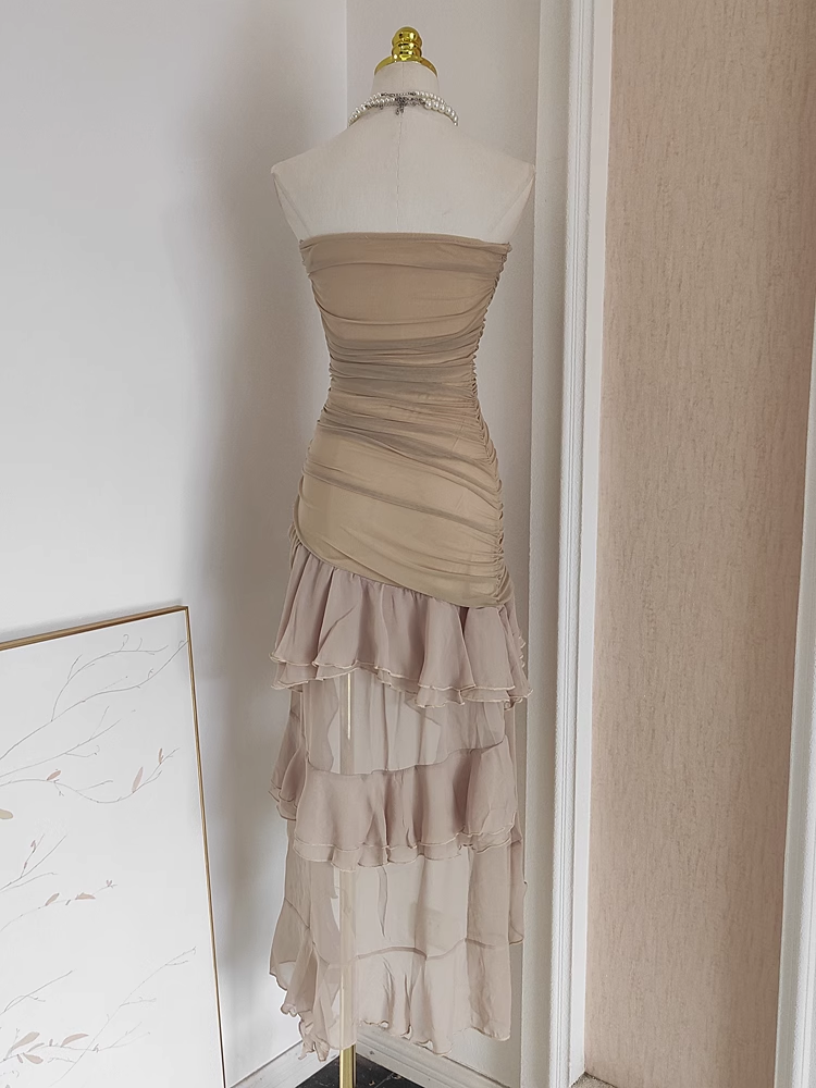 Sexy High Low Strapless Champagne Chiffon Ruffles Vacation Dress Women Dresses Secondary image