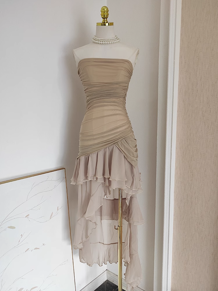 Sexy High Low Strapless Champagne Chiffon Ruffles Vacation Dress Women Dresses Main image