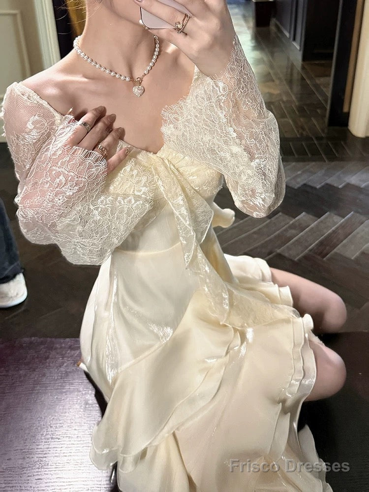 Sexy High Low V Neckline White Lace Ruffles Long Evening Dress Lace Prom Dresses