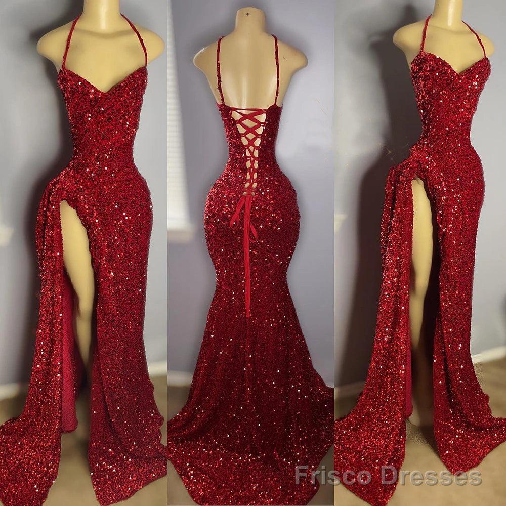 Sexy High Slit Halter Sleeveless Sparkly Red Sequined Long Prom Dresses for Black Girls Main image