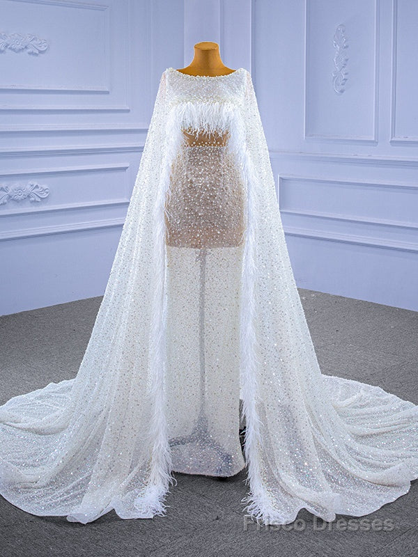 Sexy Illusion Tulle Sequins Pearls Feather Wedding Dress Main image