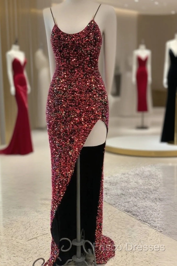 Sexy Iridescent Burgundy Sequin Formal Prom Dress Straps Glitter Formal Dress Uk Main image