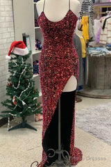 Sexy Iridescent Burgundy Sequin Prom Dresses Straps Glitter Evening Dress Uk