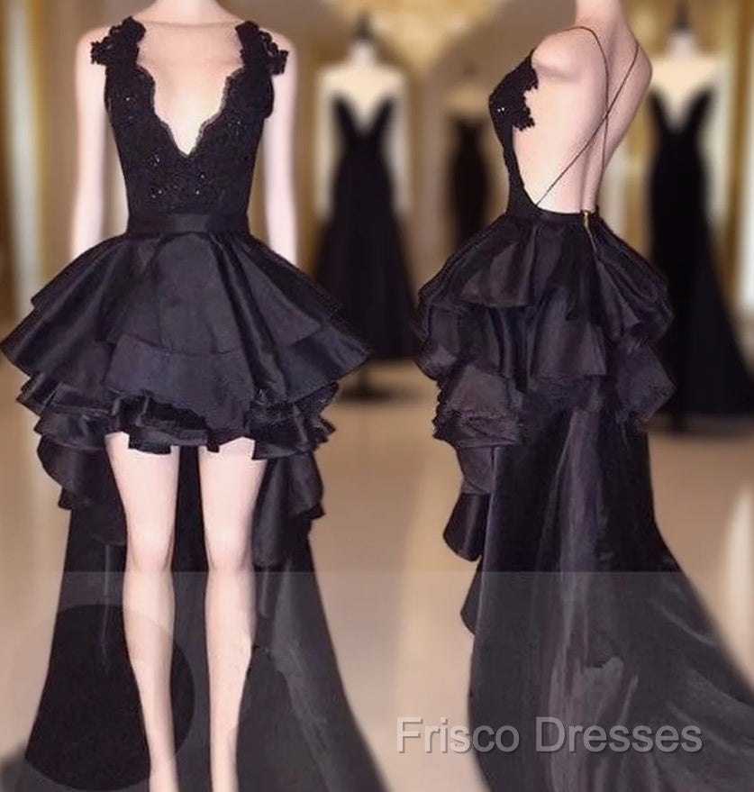 Sexy Layered Hi-Lo Lace Black Formal Prom Dress