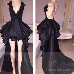 Sexy Layered Hi-Lo Lace Black Prom Dresses