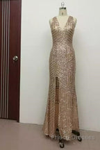 Sexy Leg Split Open Back Mermaid Sequins Formal Prom Dress