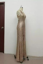 Sexy Leg Split Open Back Mermaid Sequins Formal Prom Dress