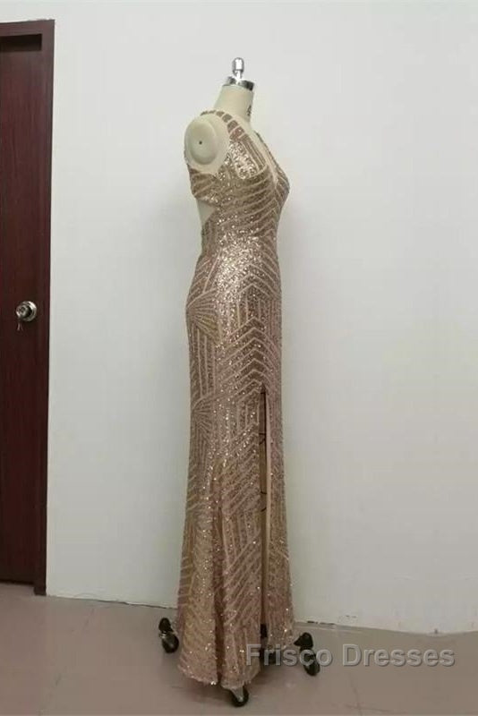 Sexy Leg Split Open Back Mermaid Sequins Formal Prom Dress