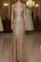 Sexy Leg Split Open Back Mermaid Sequins Formal Prom Dress
