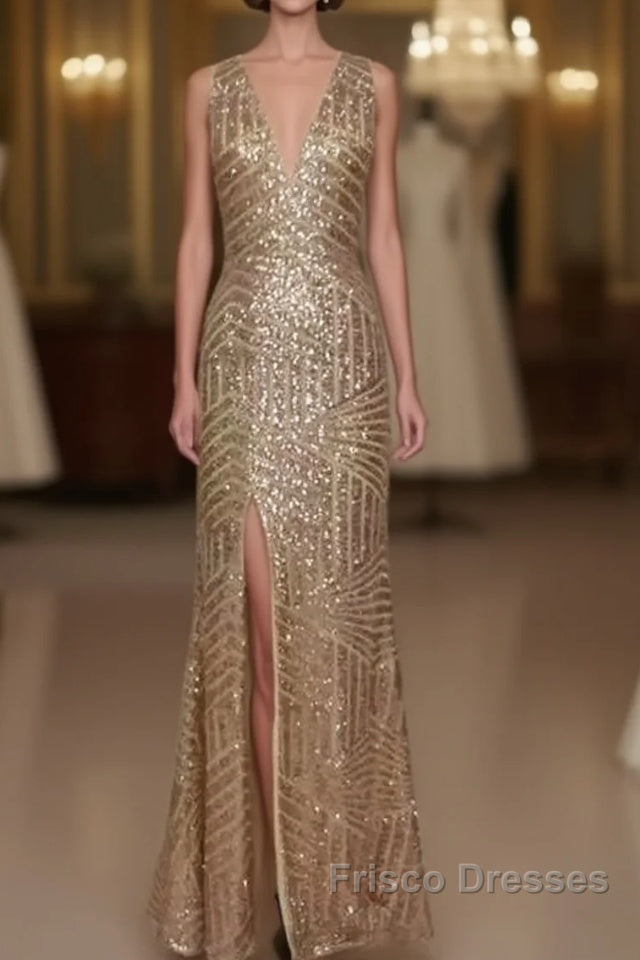 Sexy Leg Split Open Back Mermaid Sequins Formal Prom Dress
