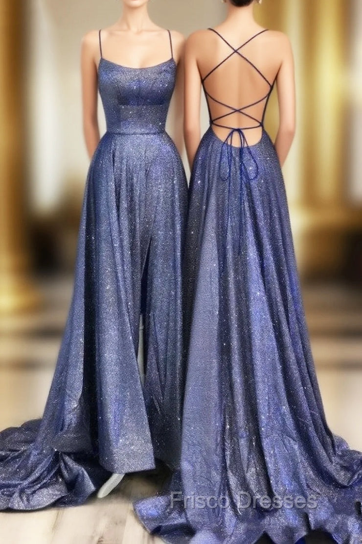 Sexy Long A-line Spaghetti Straps Backless Ruffles Formal Prom Dress with Slit