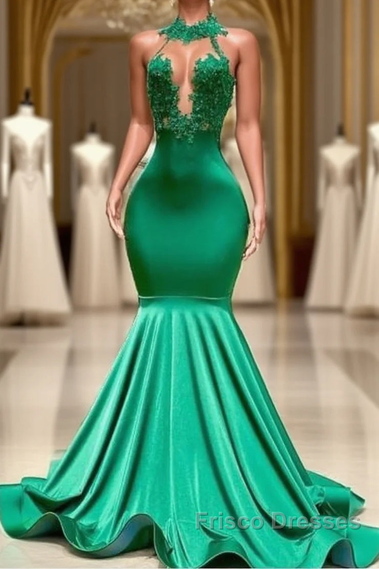 Sexy Long Green Lace Formal Prom Dress Open Back Mermaid Halter Dress Main image