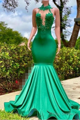 Sexy Long Green Lace Prom Dresses Open Back Mermaid Halter Dress