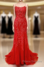 Sexy Long Lace Red Formal Prom Dress Open Back