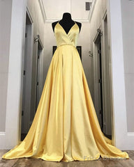 Sexy Long Satin V-Neck Prom Dresses Split Evening Gowns