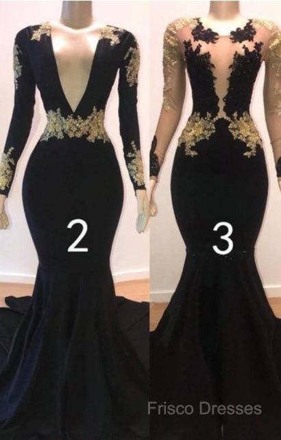 Sexy Long Sleeve Black Gold Formal Prom Dress V Neck Appliques Formal Dress Secondary image