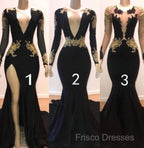 Sexy Long Sleeve Black Gold Formal Prom Dress V Neck Appliques Formal Dress