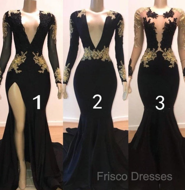Sexy Long Sleeve Black Gold Formal Prom Dress V Neck Appliques Formal Dress