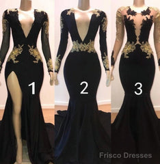 Sexy Long Sleeve Black Gold Prom Dresses  V Neck Appliques Formal Dress