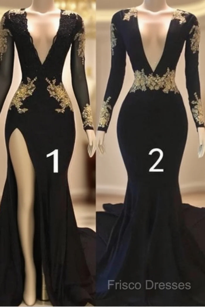 Sexy Long Sleeve Black Gold Formal Prom Dress V Neck Appliques Formal Dress Main image