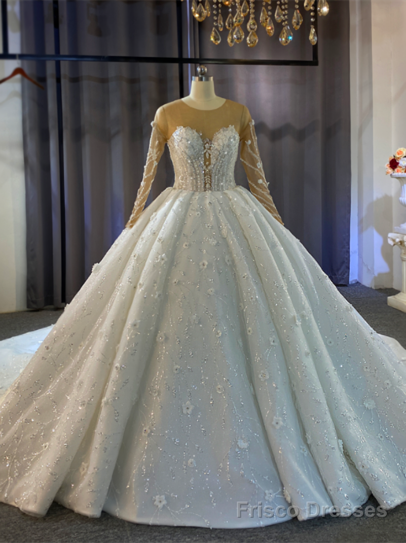 Sexy Long Sleeve Sequins Beading Flower Wedding Dress Main image