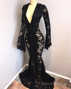 Sexy Long Sleeves Black Mermaid Prom Dress Lace V-neck Long