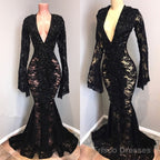 Sexy Long Sleeves Black Mermaid Prom Dress Lace V-neck Long