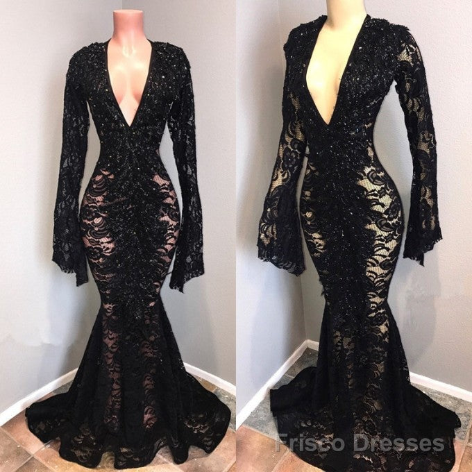 Sexy Long Sleeves Black Mermaid Prom Dress Lace V-neck Long