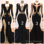Sexy Long Sleeves Black Mermaid Prom Dress Sequins Long Deep V-neck With Split