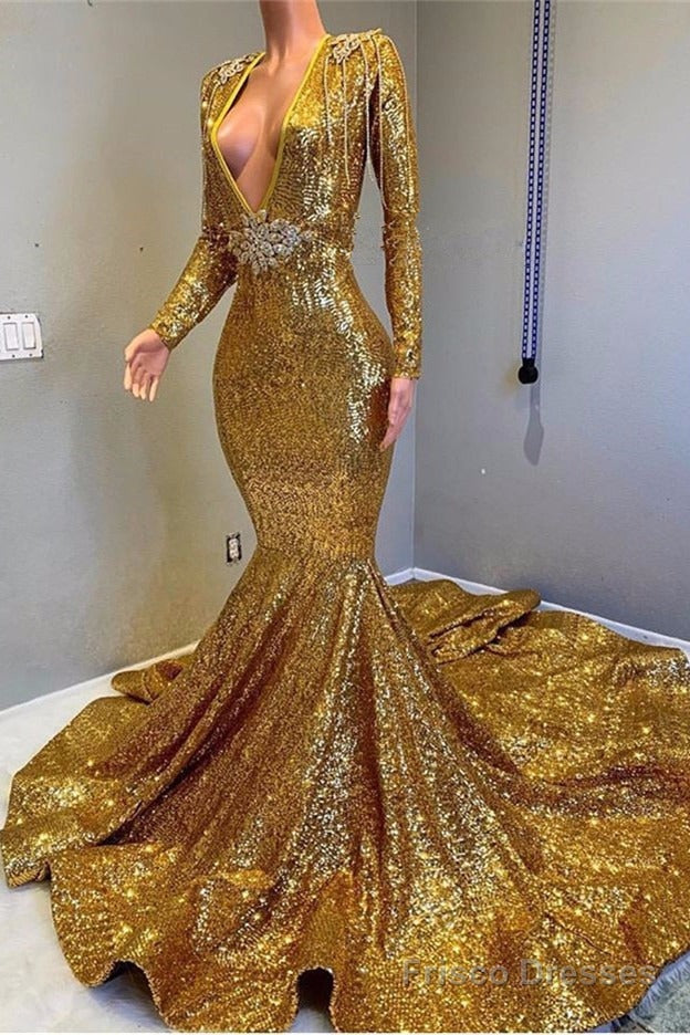 Sexy Long Sleeves Gold Mermaid Prom Dress Sequins V-neck Backless Long Main image