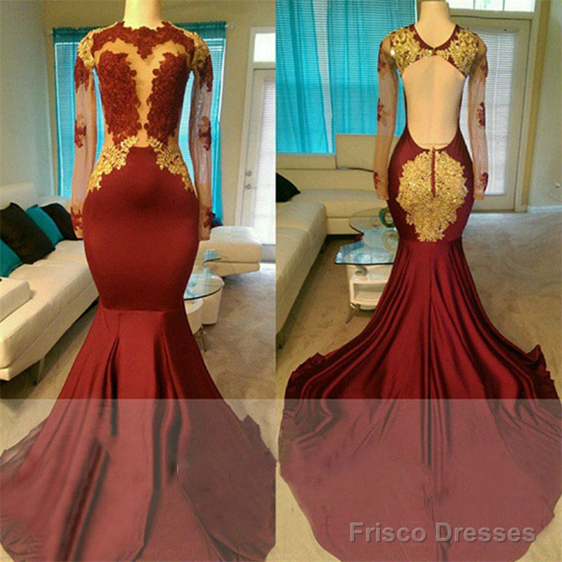 Sexy Long Sleeves Open Back Burgundy Gold Prom Dresses On Sale Main image