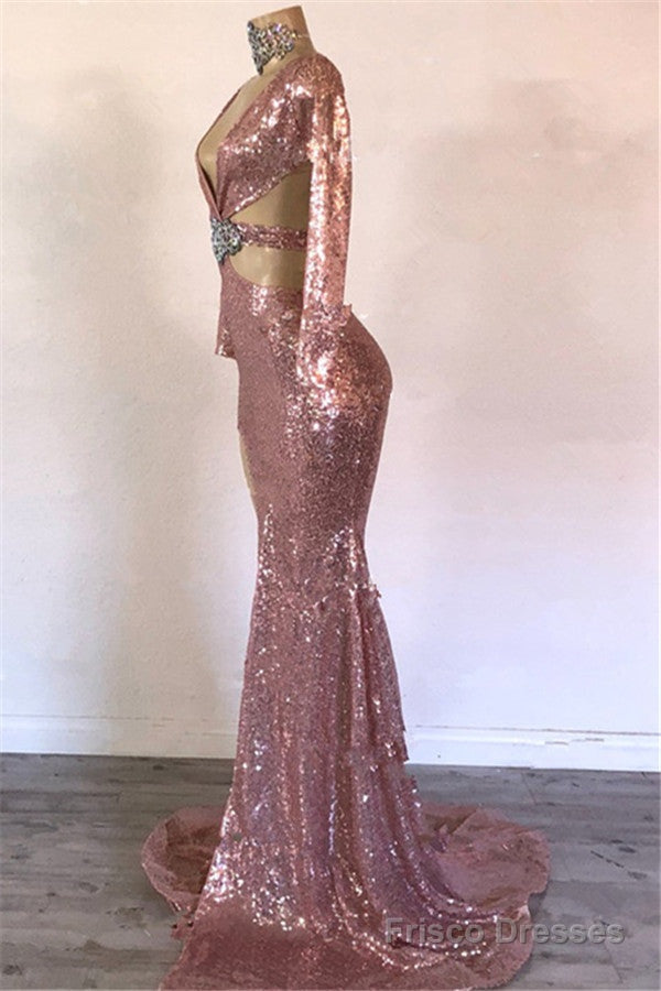 Sexy Long Sleeves Pink Mermaid Prom Dress Sequins V-neck Long With Split Secondary image