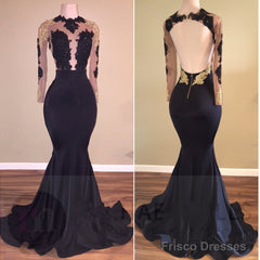 Sexy Mermaid Black Gold Long-Sleeve Prom Dresses