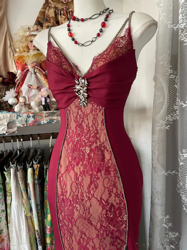 Sexy Mermaid Spaghetti Straps Red Lace Prom Dresses Long Party Dress Secondary image