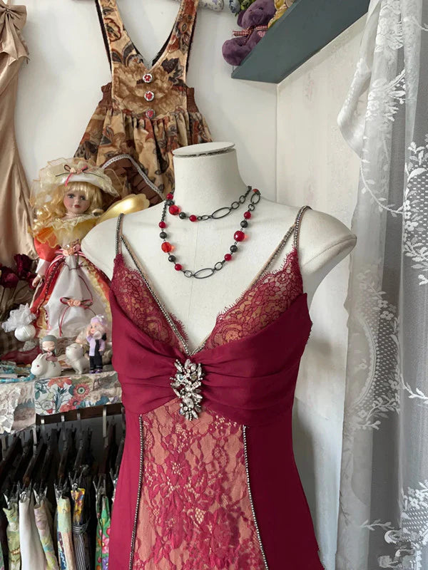 Sexy Mermaid Spaghetti Straps Red Lace Prom Dresses Long Party Dress