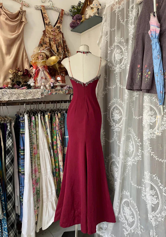Sexy Mermaid Spaghetti Straps Red Lace Prom Dresses Long Party Dress