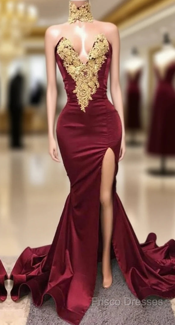 Sexy Mermaid Front-Split Lace High Neck Burgundy Formal Prom Dress