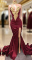 Sexy Mermaid Front-Split Lace High Neck Burgundy Formal Prom Dress
