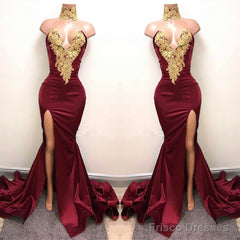 Sexy Mermaid Front-Split Lace High Neck Burgundy Prom Dresses