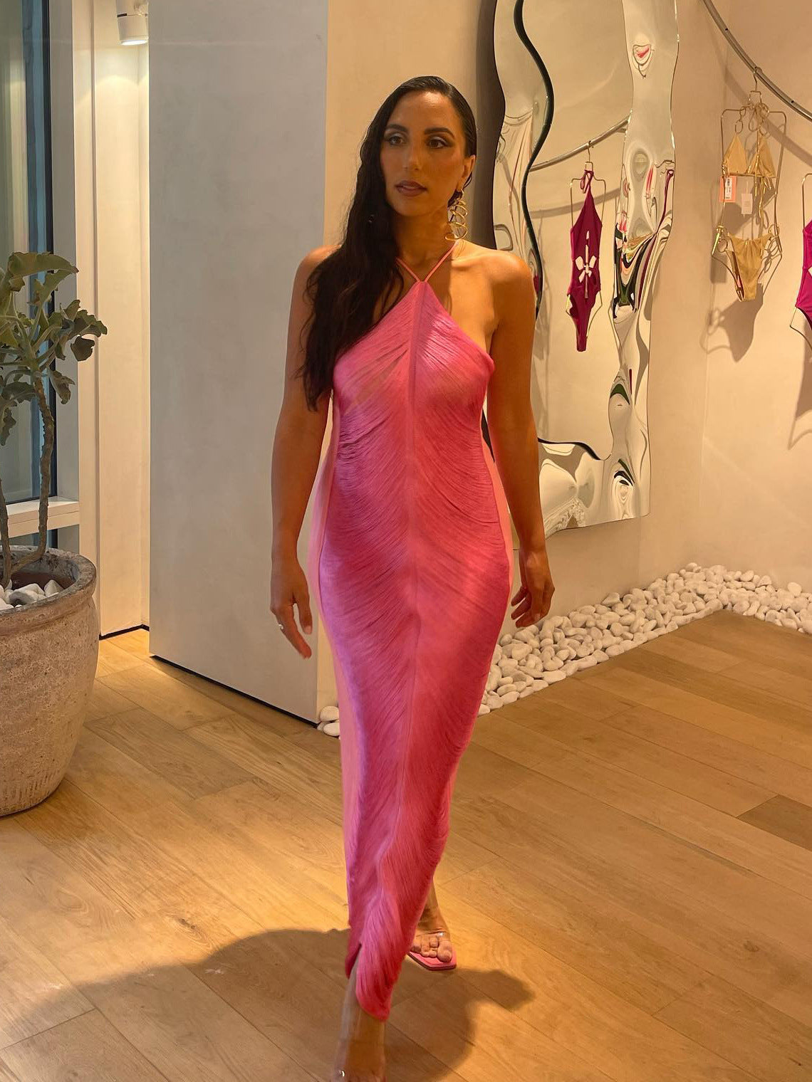Sexy Mermaid Halter Hot Pink Long Prom Dresses