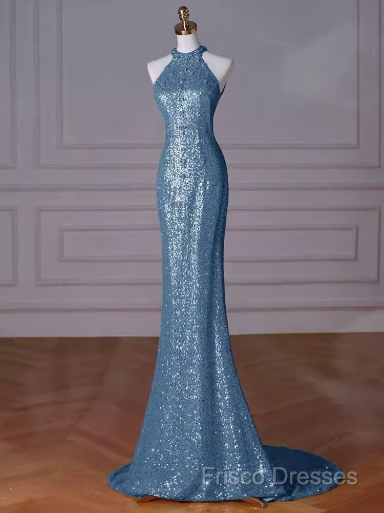 Sexy Mermaid Halter Sequin Blue Floor Length Formal Prom Dress