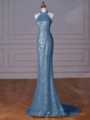 Sexy Mermaid Halter Sequin Blue Floor Length Prom Dress