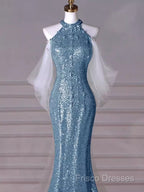 Sexy Mermaid Halter Sequin Blue Floor Length Formal Prom Dress