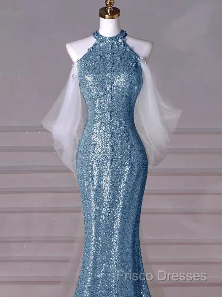 Sexy Mermaid Halter Sequin Blue Floor Length Formal Prom Dress