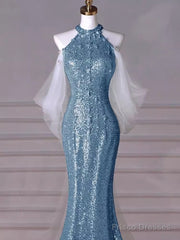 Sexy Mermaid Halter Sequin Blue Floor Length Prom Dress