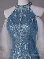 Sexy Mermaid Halter Sequin Blue Floor Length Formal Prom Dress